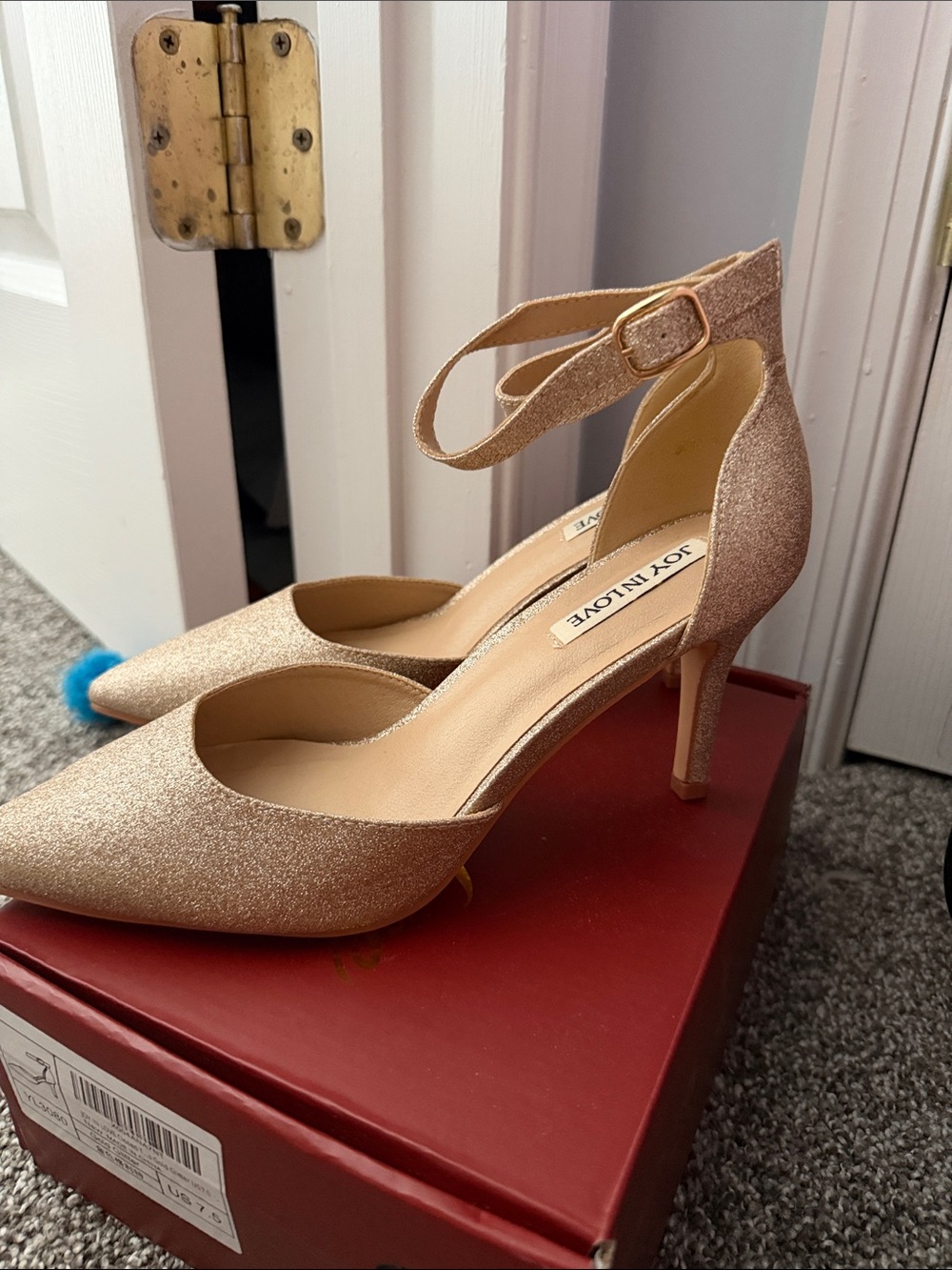 Joyce & Co. Gold Glitter Ankle-Strap Pointed-Toe Heels